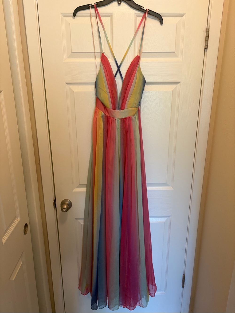 Luxxel Rainbow Stripe Plunge Maxi Dress in Pink, Yellow, BlueSize Medium